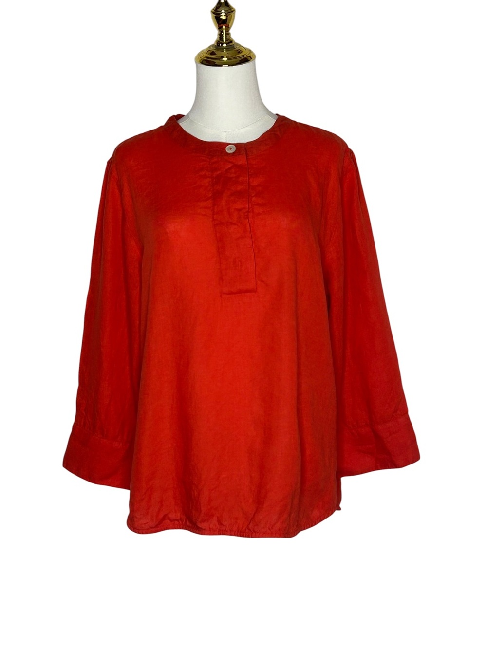 J Crew Women's Linen Red Orange Button-Neck 3/4 Sleeve Top Lagenlook Sz S Preppy